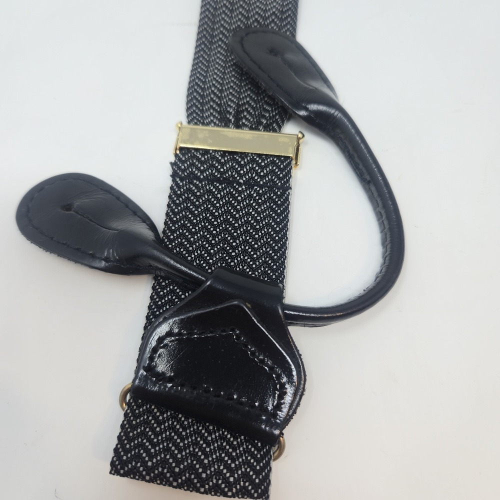 Men's Herringbone Button-On Suspenders Braces Black White Y-Back Leather Ends - Picture 10 of 13